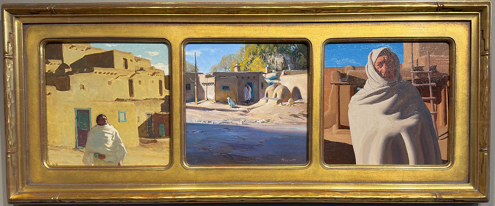 3 different paintings representing different versions of Taos New Mexico by Josh Elliott, Glenn Dean, and Logan Maxwell Hagege