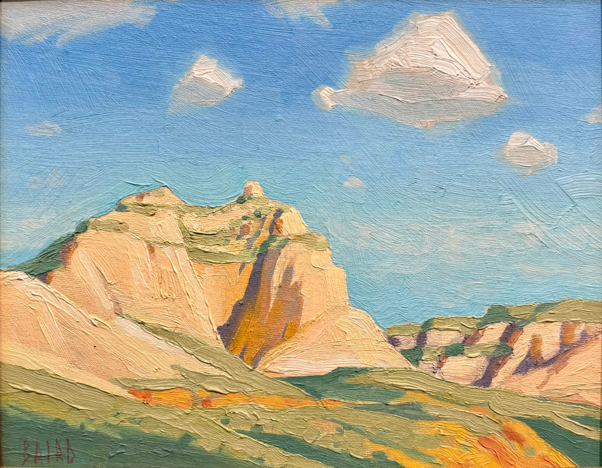 painting by Joshua Baird of a light coral canyon with green fields and a blue sky overhead.
