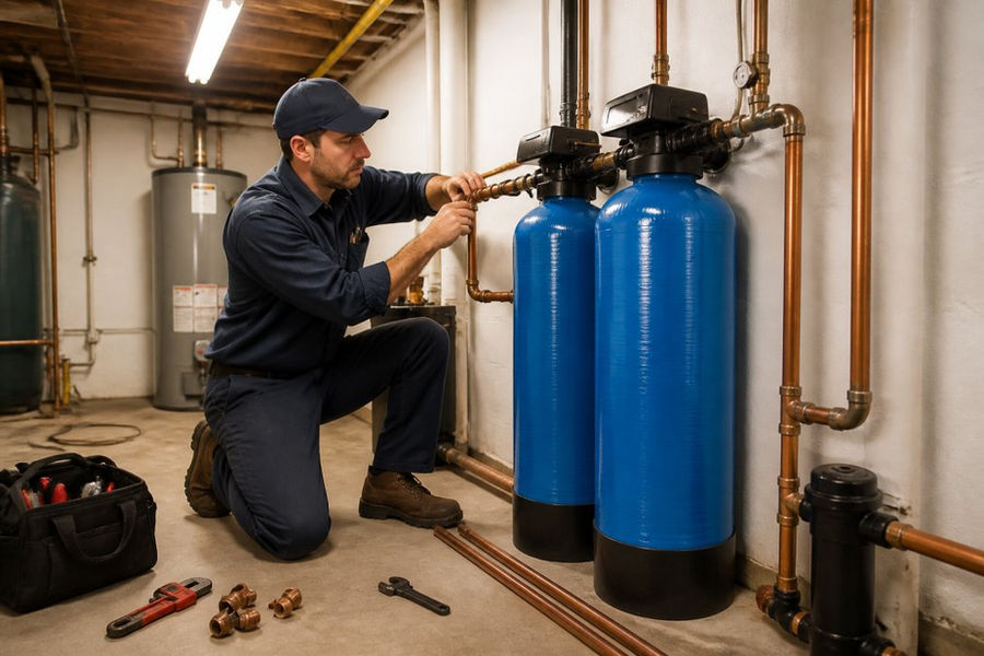 A plumber in work clothes installing a whole house water filtration system in a residential utility room, connecting pipes to two large blue filter tanks under fluorescent lighting, with tools and copper piping visible on the floor
