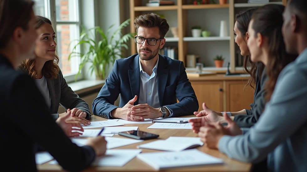 Eye-level view of a team discussing audience demographics around a table