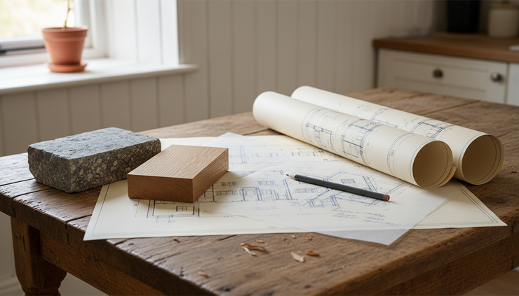 Close-up view of architectural drawings and material samples on a wooden kitchen table