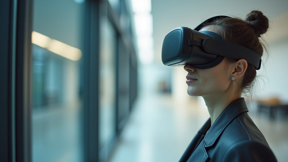Wide angle view of a virtual reality headset displaying an architectural interior