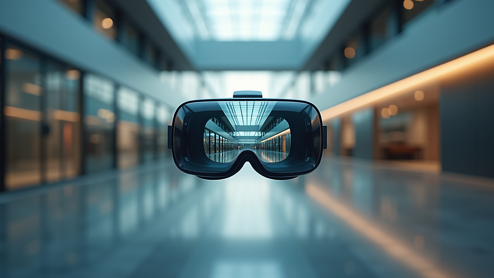 Eye-level view of a virtual reality headset displaying a modern building interior