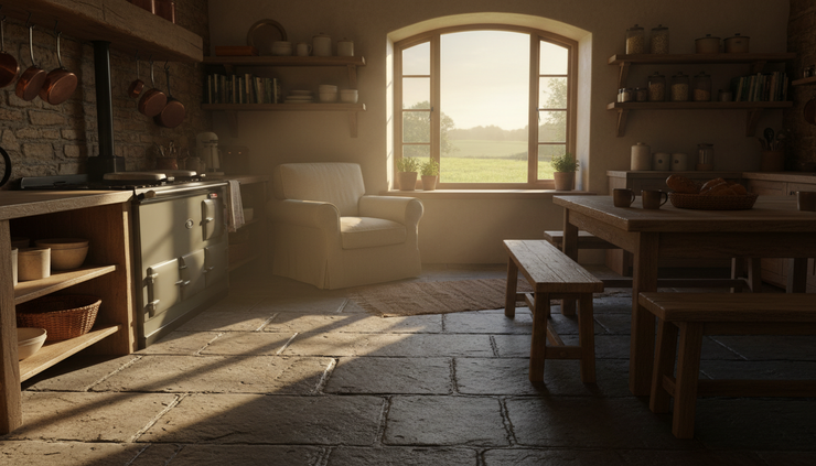Low-angle view of sunlight falling across the floor of a converted barn kitchen.