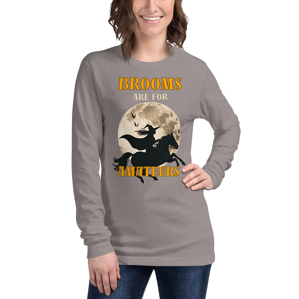 Front view model wearing Brooms Are For Amateurs - Horse Halloween Unisex Long Sleeve Graphic Tee yellow text with grey
