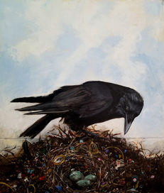 Life Imitates A Fairytale, black bird, crows, raven, bird nest, bird painting