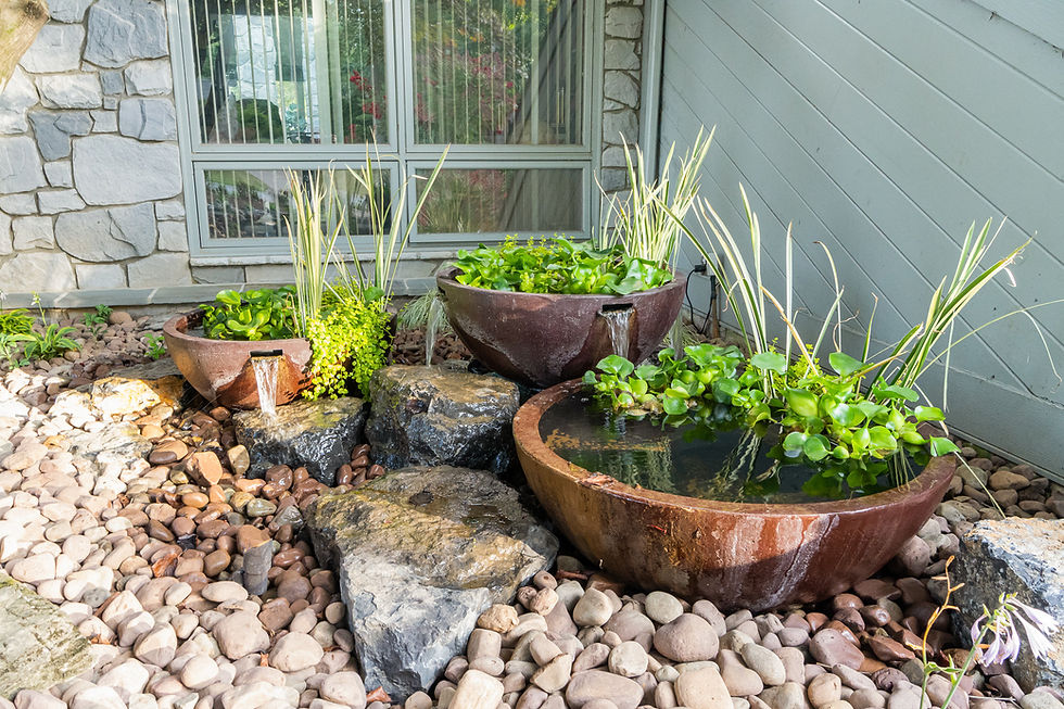 Aquascape water feature bowls with water collection system underneath for sustainable use