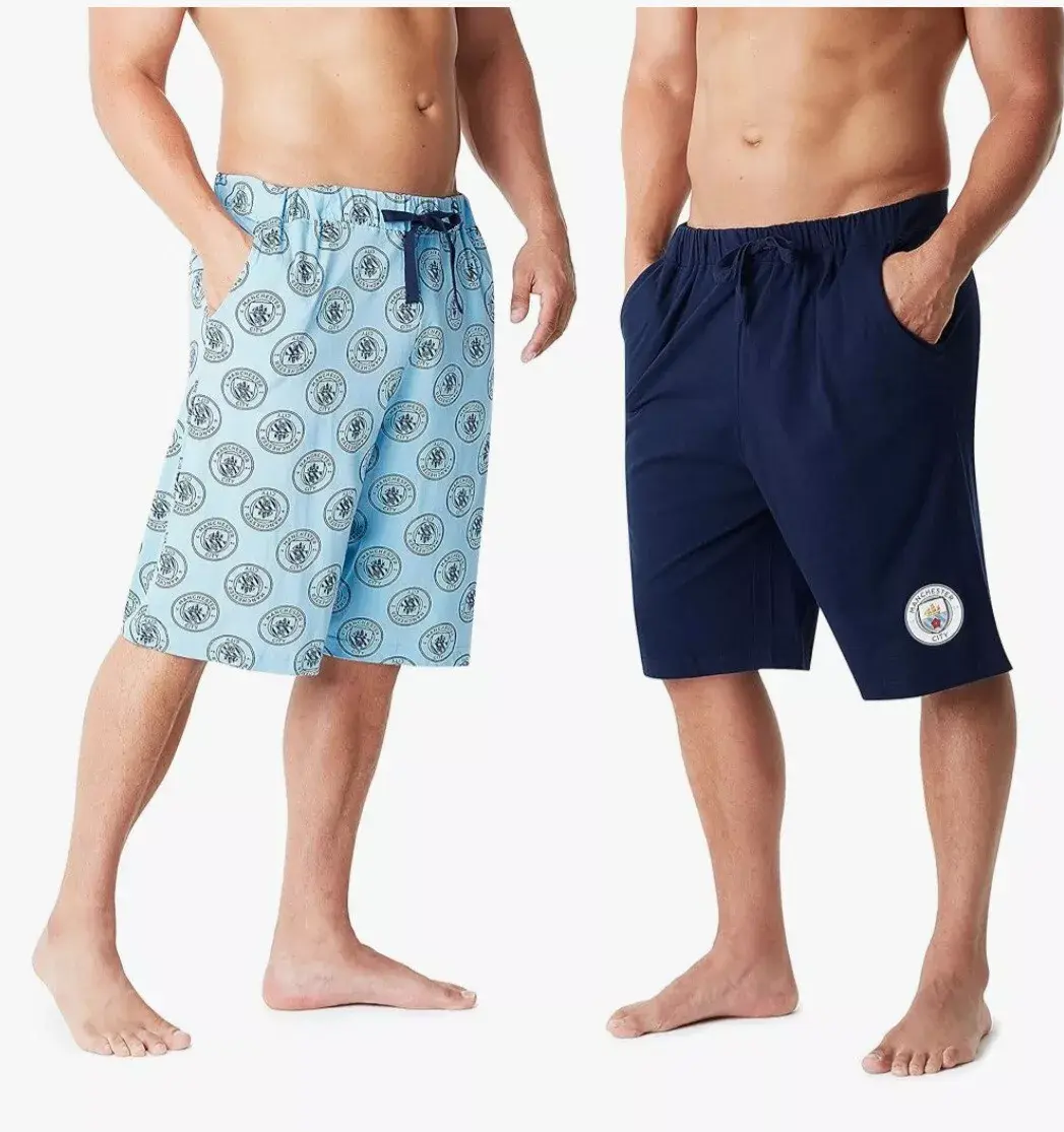 Manchester City F.C. Mens 2 Pack Lounge Cotton Shorts Sleep PJ, Navy/Sky Blue