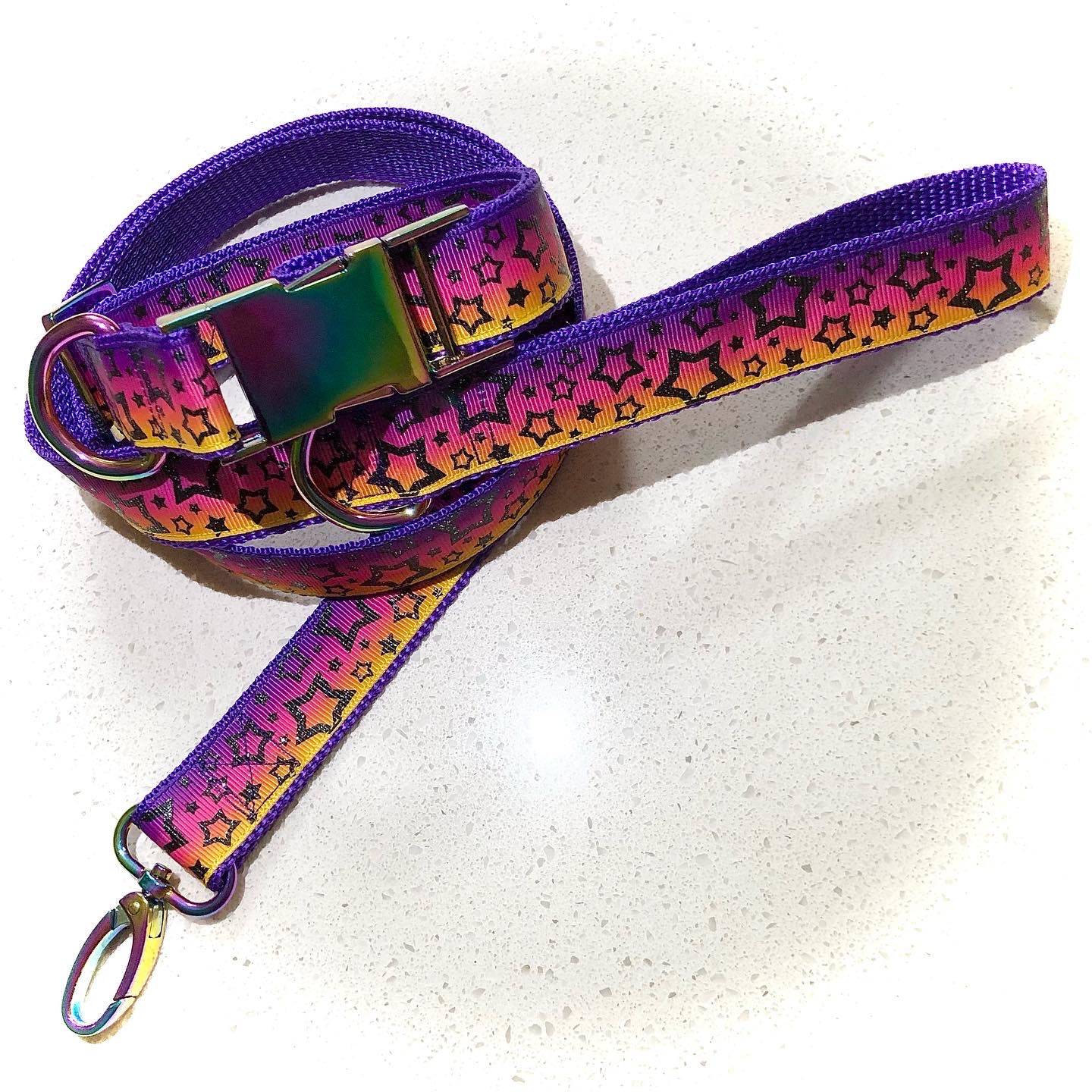 Limited Edition Collar and Leash Set - Purple, Pink & Yellow with Black Stars