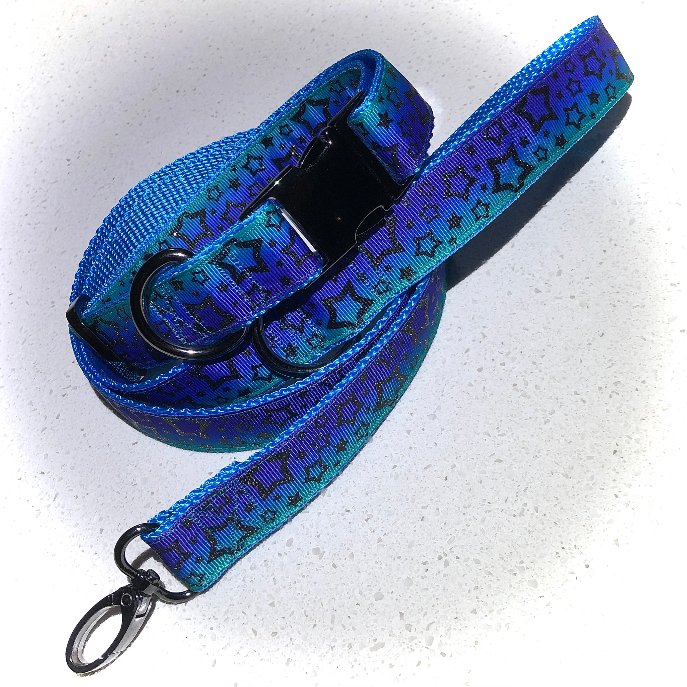 Limited Edition Collar & Leash Set - Purple, Blue, Aqua with Black Glitter Stars