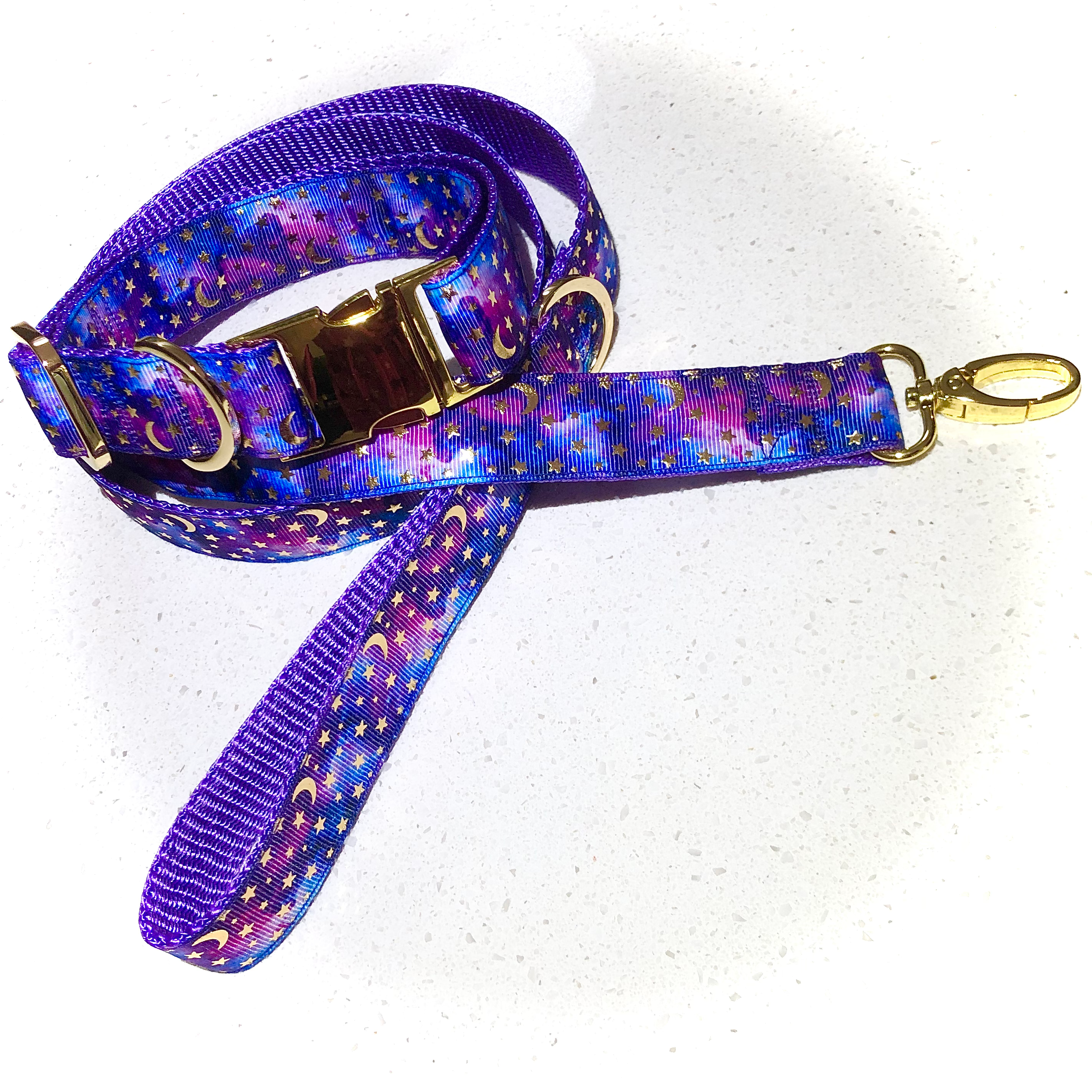 Limited Edition Collar & Leash set Purple Galaxy with Gold Stars & Moons
