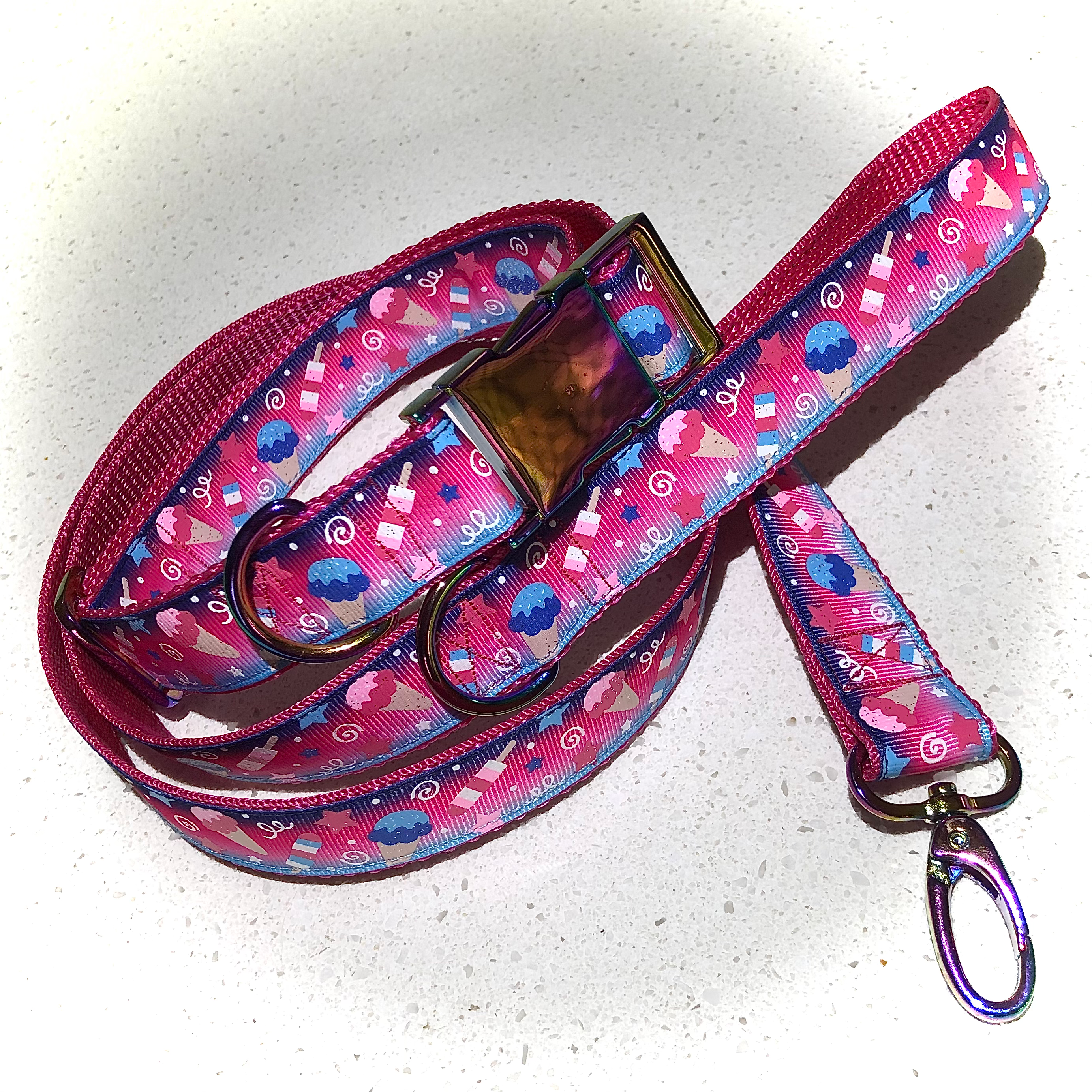 Limited Edition Collar & Leash Set - Pink with Glitter Ice Creams & Stars