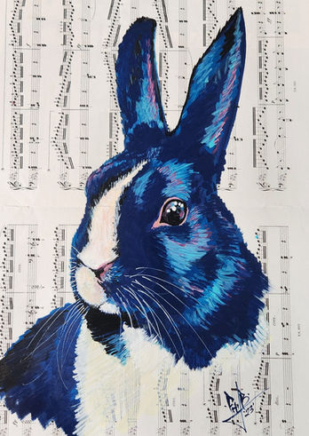Colorful painting of a blue rabbit with white markings, painted over vintage sheet music background.