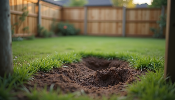 Eye-level view of a backyard fence with signs of small animal burrows near the base