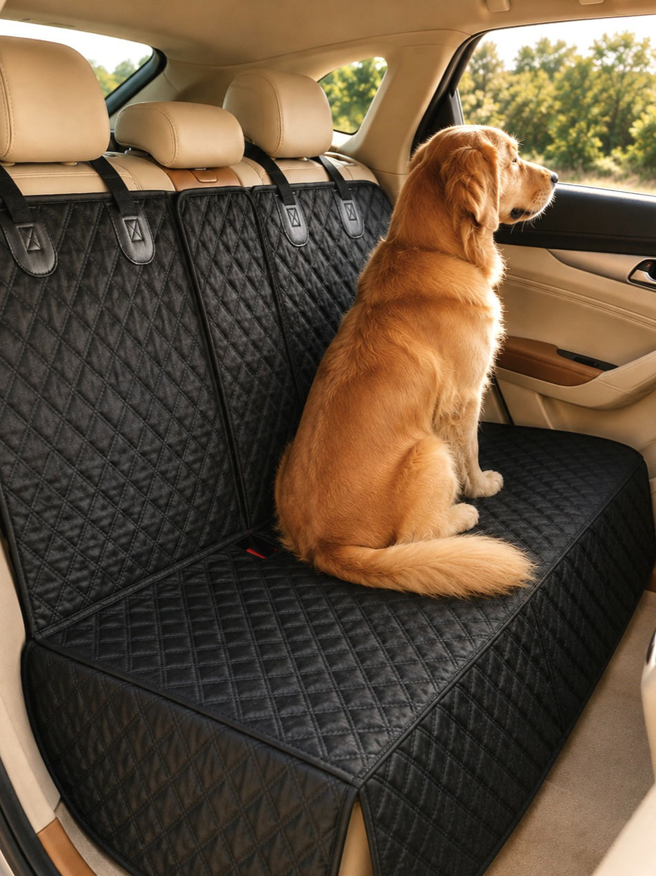 Dog sitting on the Road Paw™ rear car seat cover during a car journey