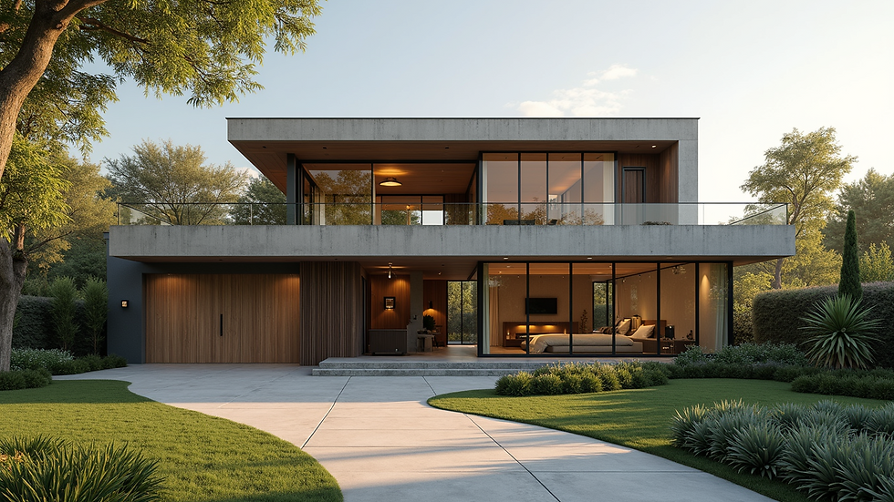High angle view of modern home exterior with sustainable materials