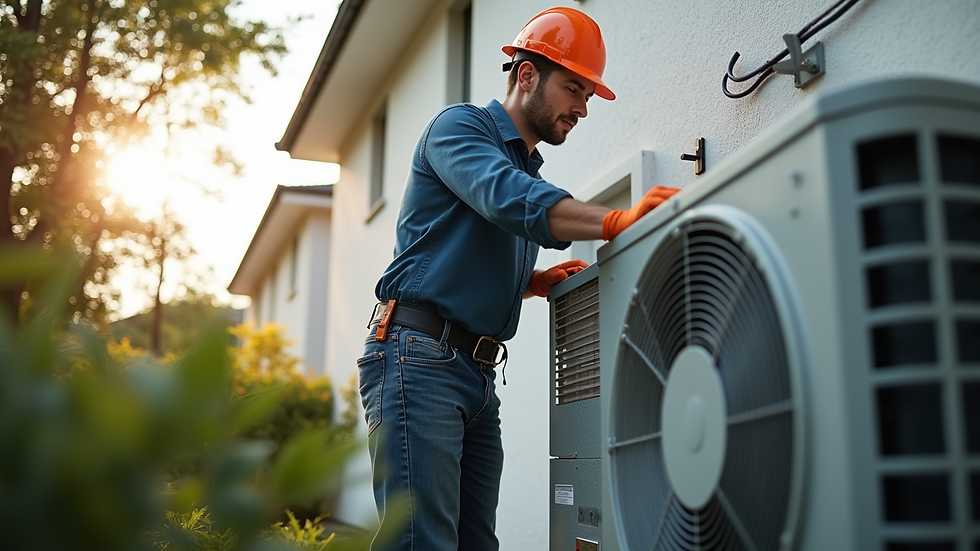 Eye-level view of a technician installing an air conditioning unit outside a residential building