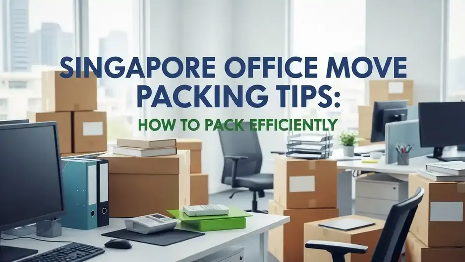 Create a modern, high-quality cover image for a professional article titled “Singapore Office Move Packing Tips: How to Pack Efficiently”. The scene should show a well-organised office environment in Singapore during an office move. Include neatly packed cardboard moving boxes, some labelled clearly, office desks partially cleared, and visible office equipment such as monitors, keyboards, files, and chairs being packed carefully. The background should subtly reflect Singapore’s urban business setting, such as a clean office interior with large windows and a faint city skyline. Place the article title “Singapore Office Move Packing Tips: How to Pack Efficiently” prominently in the centre or upper section of the image in a bold, modern, highly readable font. The text should stand out clearly against the background, using attractive colours like deep blue, white, or dark grey, with strong contrast for easy reading. The overall colour palette should feel professional, trustworthy, and mode