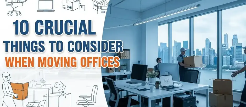 Office relocation in Singapore with movers and office setup, showing the title “10 Crucial Things to Consider When Moving Offices.