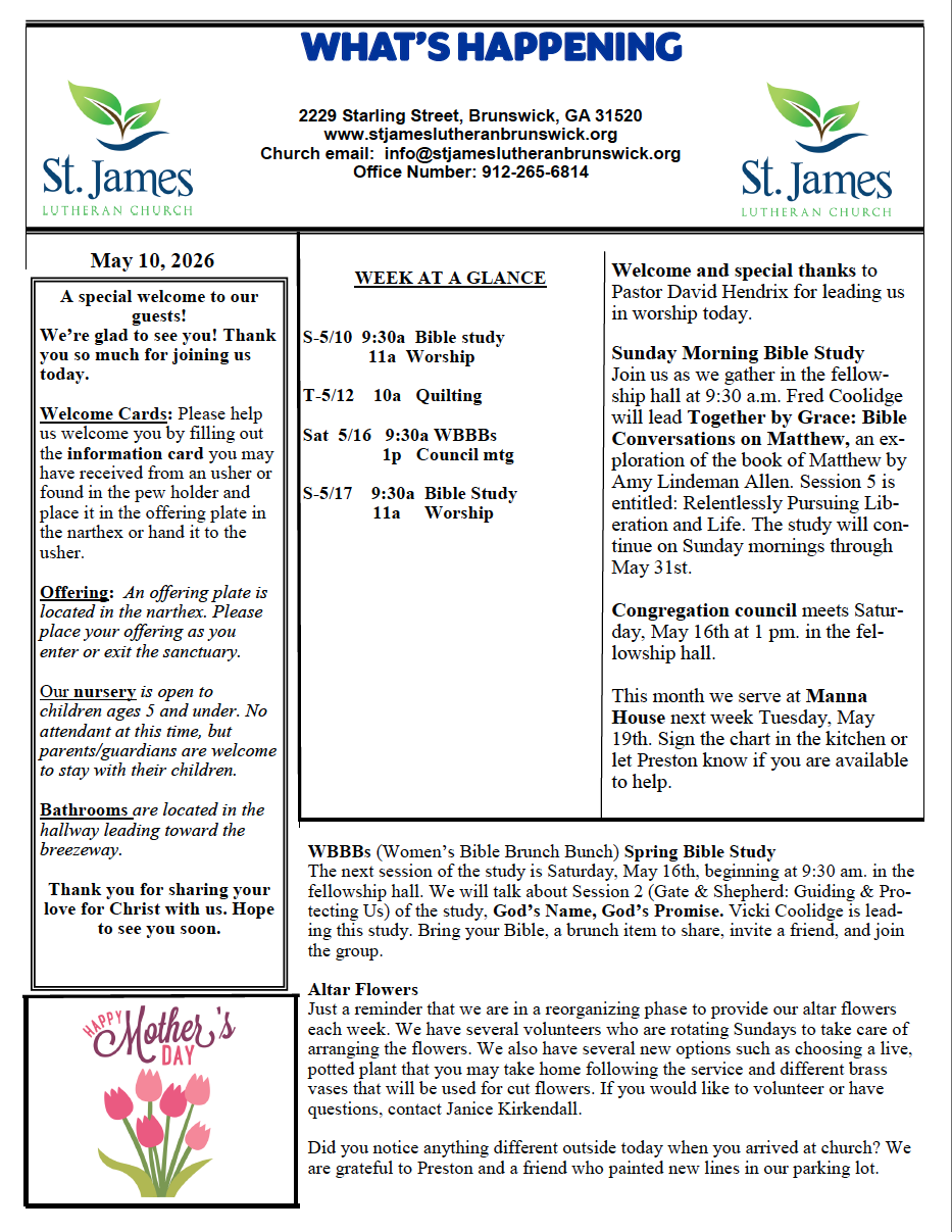 "What's Happening" for Sunday, May 10. 2026. Happy Mother's Day! All are welcome!