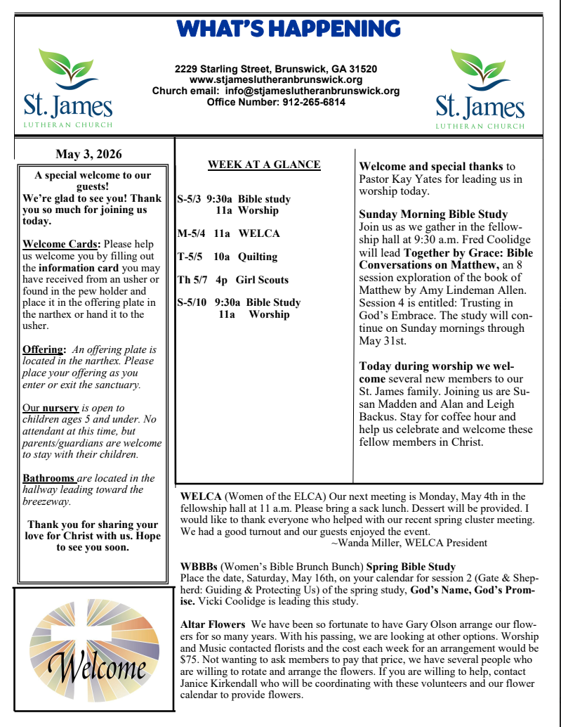 "What's Happening" for Sunday, May 3, 2026. All are welcome!