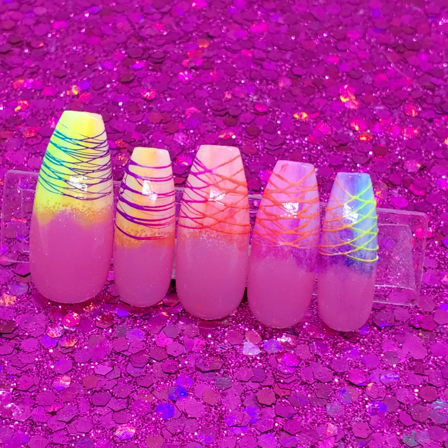 Neon Striped Ombre French Tip Long Coffin Nail Set