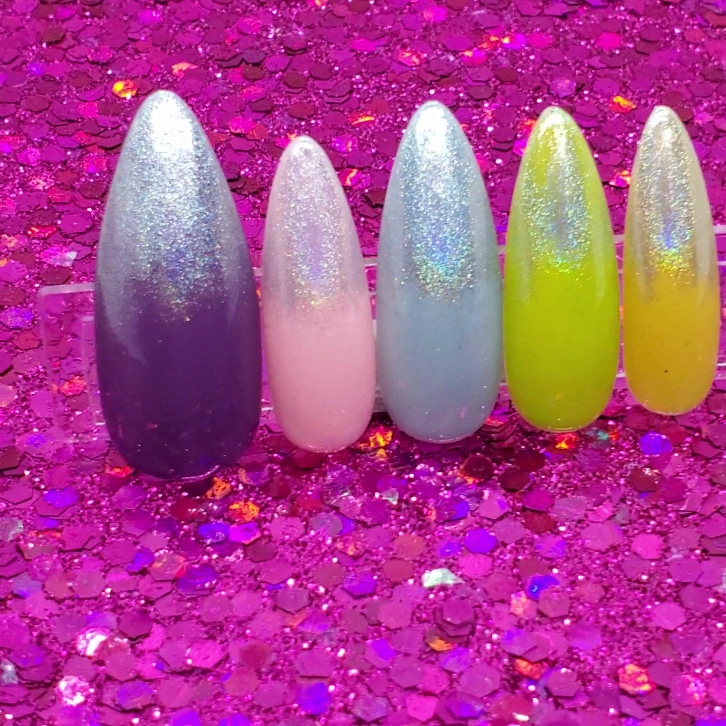Holographic Chrome Pink Purple Blue Ombre Tip Long Stiletto Nail Set