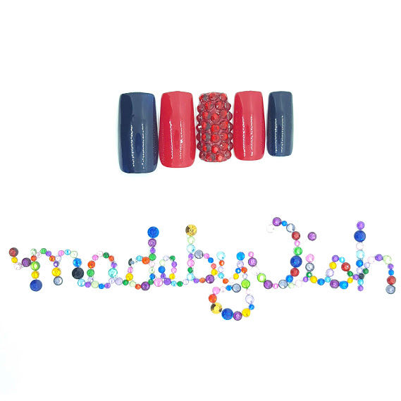 Handmade Gel Press On Nails Red Blue Rhinestone Long Square - madebyTish.com