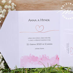 Svatební oznámení v kapse - bílé s oznámením s růžovým motivem