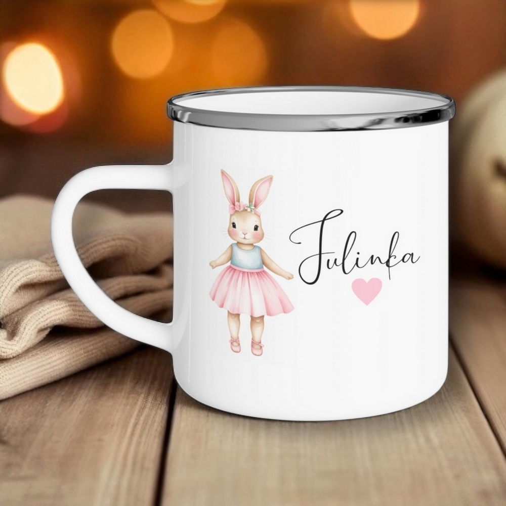 696 Králíček v růžové sukýnce - Plecháček / hrníček se jménem