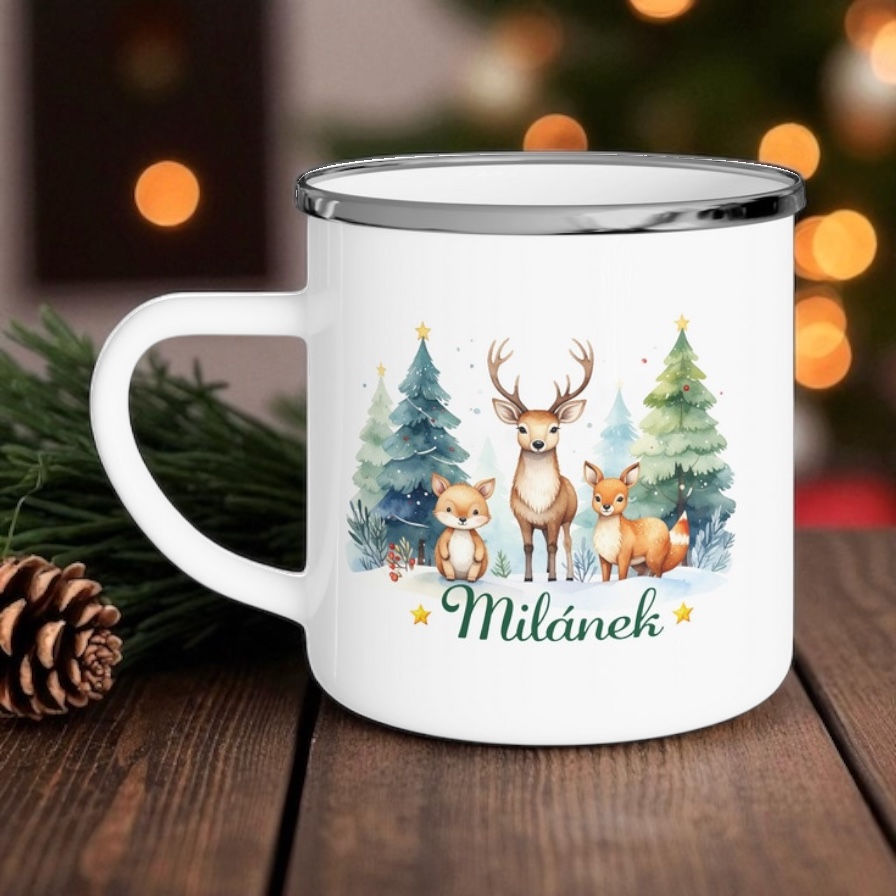 Hrnek s vánočním motive, lesní zvířátka a jelen u vánočního stromečku