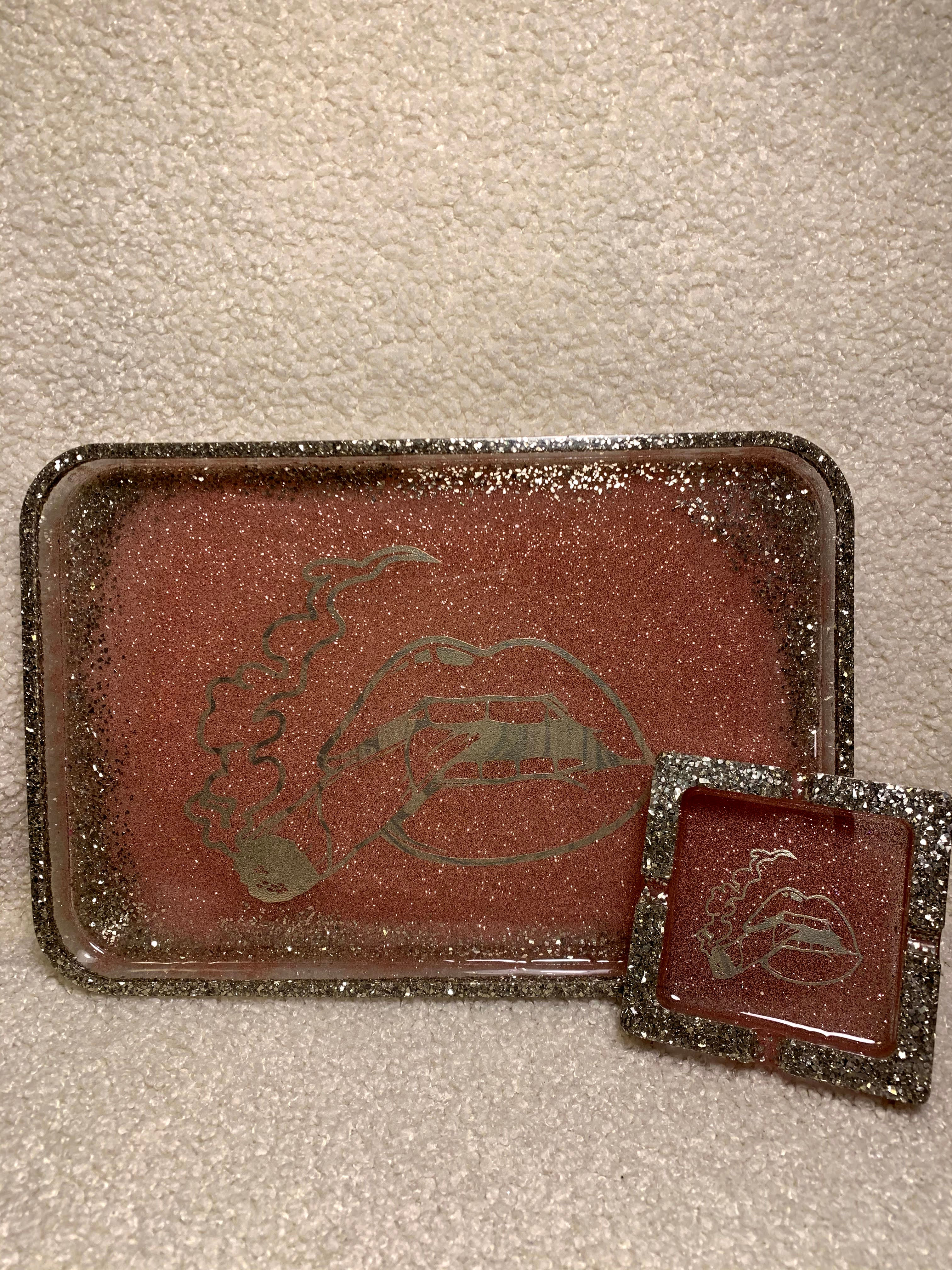 Rose Gold Rolling Tray & Ashtray Set