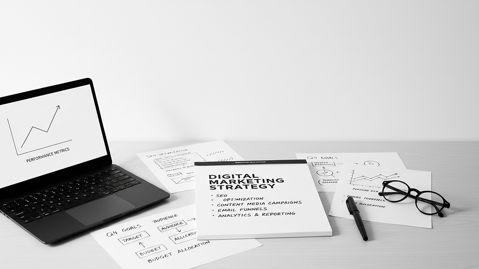 Close-up view of a digital marketing strategy plan on a desk with notes and a laptop