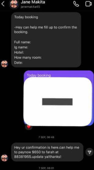 The rooms were booked by Farah under the customers’ names
