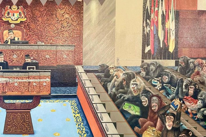 the seats are filled with frogs and monkeys of different species