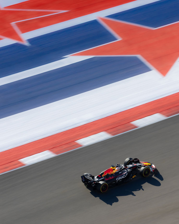 Red Bull of Max Verstappen seen from above at 2025 Formula 1 United States Grand Prix at Circuit of the Americas