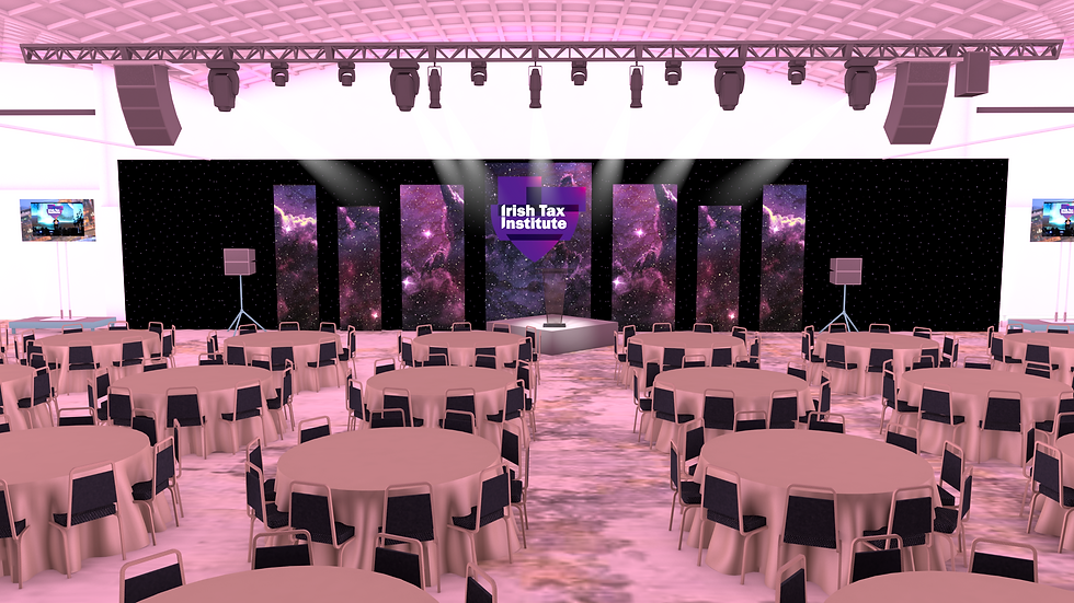 A 3D rendering showcases a planned event space. Round tables with chairs are arranged facing a stage with a large screen and speaker setup. Lighting fixtures are visible overhead, illustrating a detailed pre-production visualization of the event layout and design.