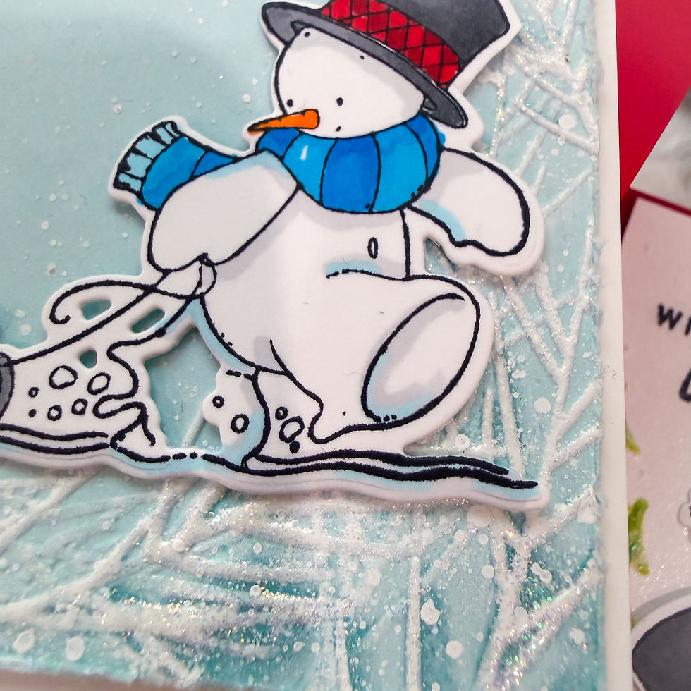 Snowman with a blue scarf and black hat skiing on a glittery, icy surface. Background has a frosty pattern. Mood is playful and wintry.