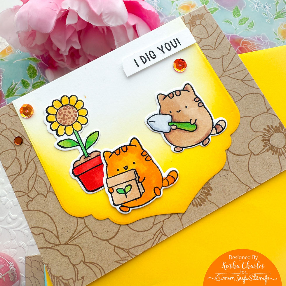 Cartoon cats with shovel and seed packet near a potted sunflower. "I DIG YOU!" text. Floral background with pink peony. Bright, playful mood.
