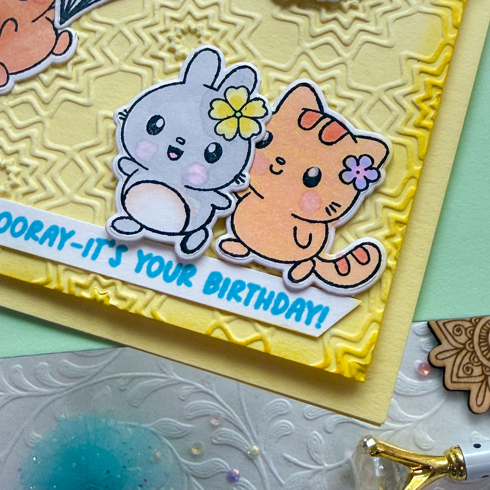 Cute bunny and cat stickers on yellow embossed card with Hooray-it's your birthday! text, pastel and cheerful.