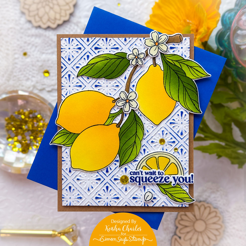 Handmade lemon card with yellow lemons, green leaves, blue patterned background, and text: can’t wait to squeeze you!