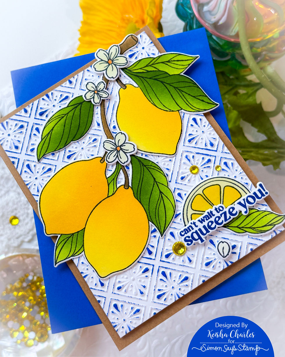 Handmade lemon greeting card with yellow lemons, green leaves, blue patterned background, and text: can’t wait to squeeze you!