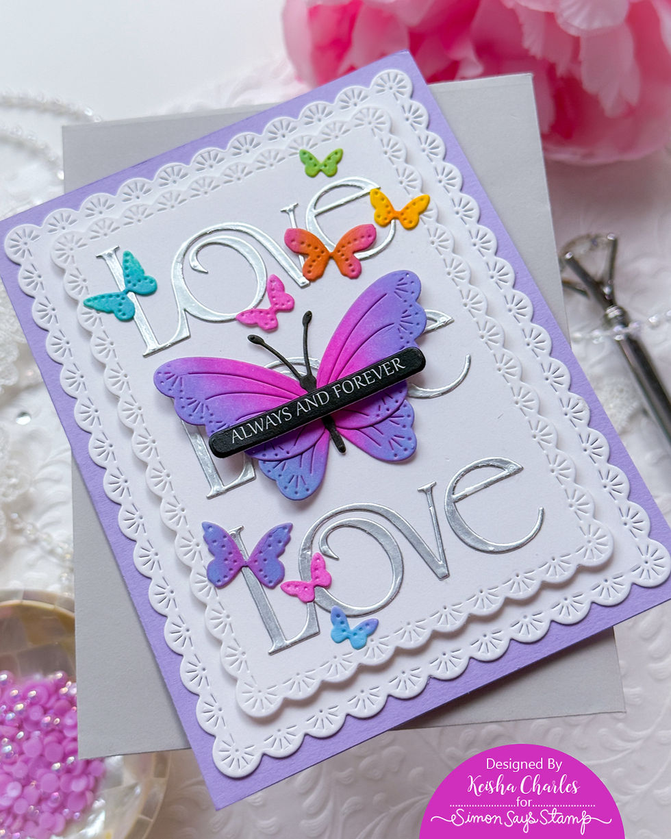 Lavender handmade card with embossed LOVE, colorful butterflies, and a purple butterfly reading ALWAYS AND FOREVER on a white background