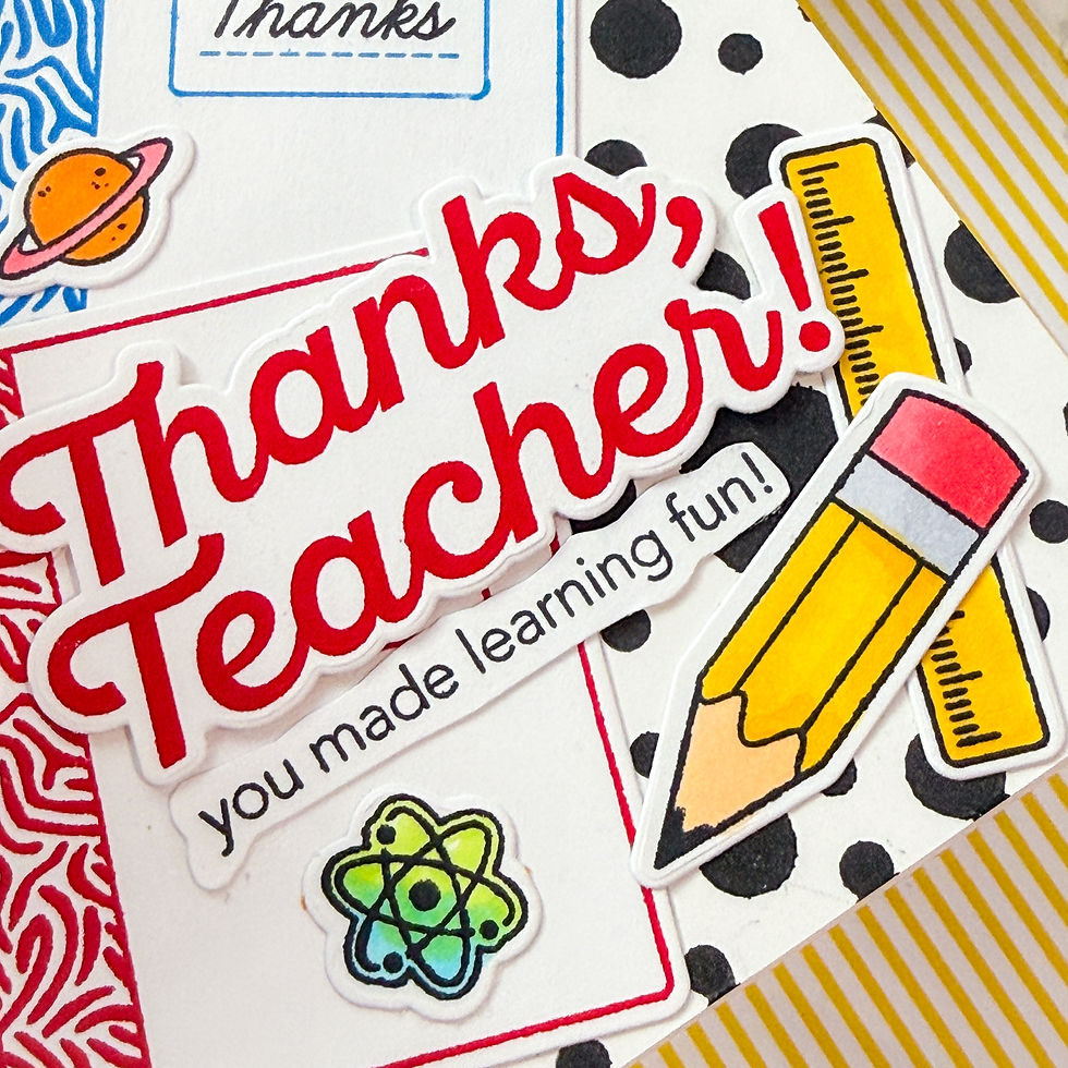 Colorful school-themed sticker collage with Thank you Teacher and you made learning fun, plus pencil, ruler, and planet icons on polka dots.