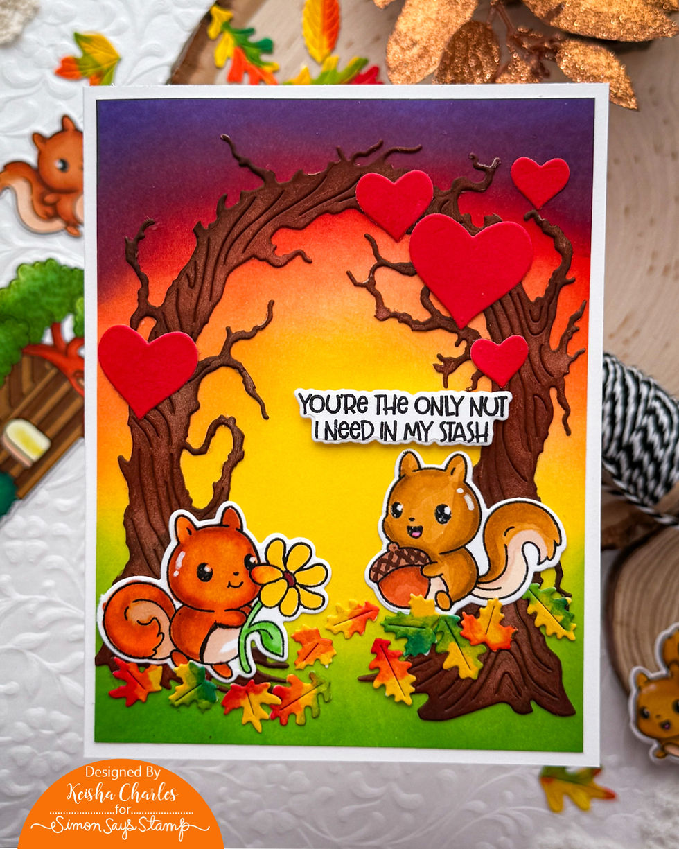 Two cartoon squirrels with a flower and acorn under trees with red hearts. Text reads "You're the only nut I need in my stash." Vibrant sunset.