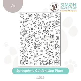 The Simon Says Stamp Springtime Celebration Plate is a delightful way to bring the joy of spring to your crafting projects. This intricate die cuts a full A2 panel featuring a whimsical scene of frolicking bunnies, blooming flowers, fluttering butterflies, and delicate leaf sprigs. Designed with both cutting and embossing details, it adds beautiful texture and dimension for a truly elegant finish.
