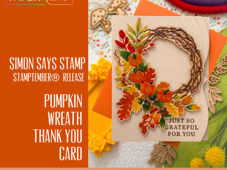 Autumn greeting card with pumpkin wreath on cream paper, orange and green layers, and text Just So Grateful For You.