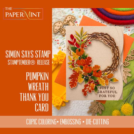Autumn greeting card with pumpkin wreath on cream paper, orange and green layers, and text Just So Grateful For You.