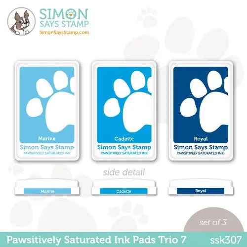 Simon Says Stamp Pawsitively Saturated Ink Pads Trio 7 in Marine, Cadette and Royal, shown as a set of 3 on white background