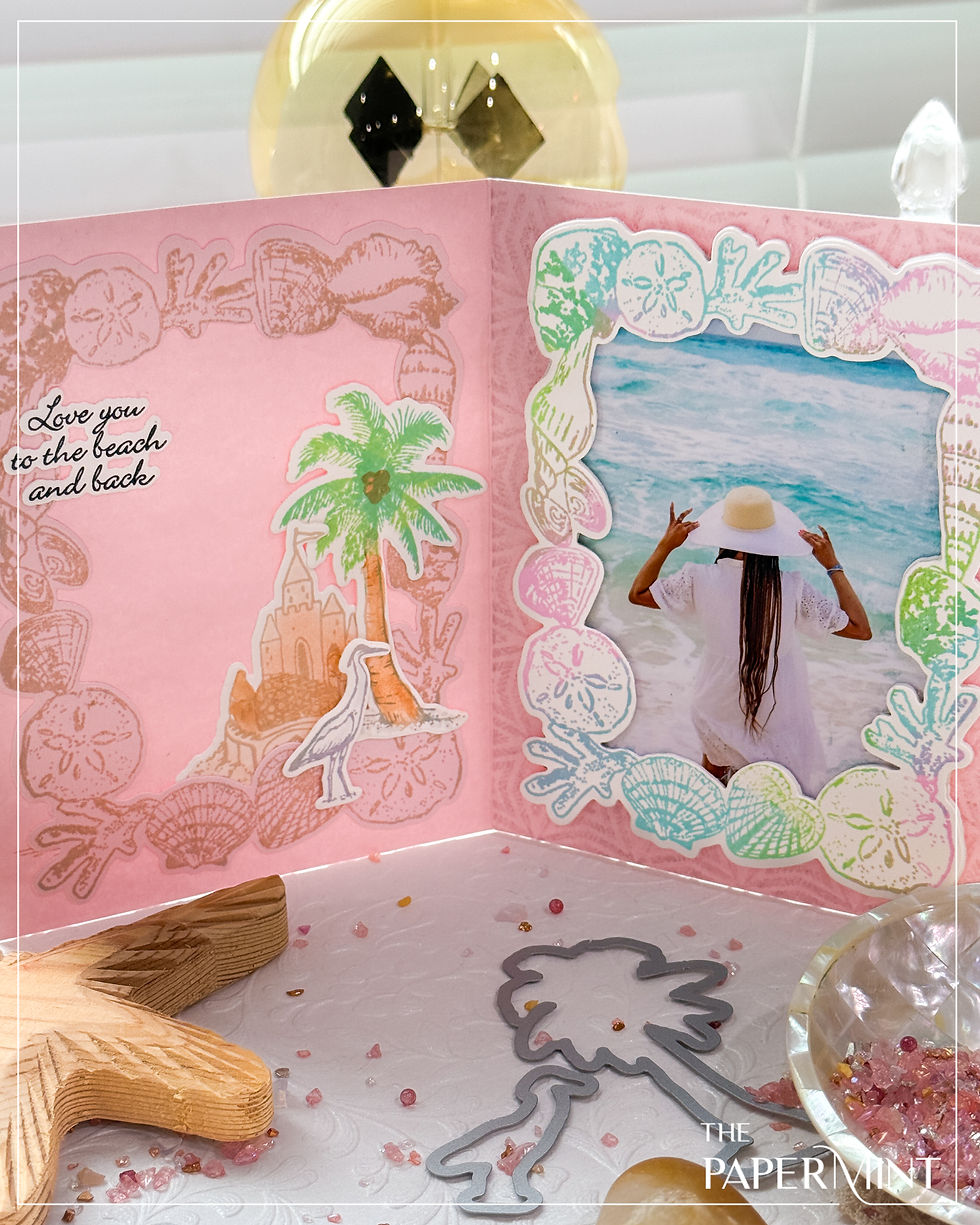 Pink beach-themed photo folio with seashell and palm designs, showing a woman in a hat at the ocean. Text reads "Love you to the beach and back."
